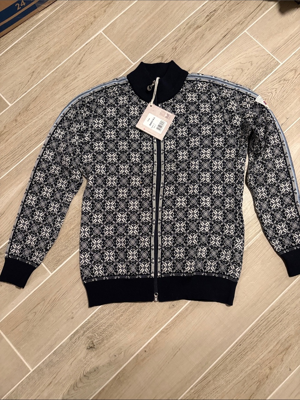 Dale of Norway Frida Navy (almost Black) and White Zip-Up Geometric Sweater NWT